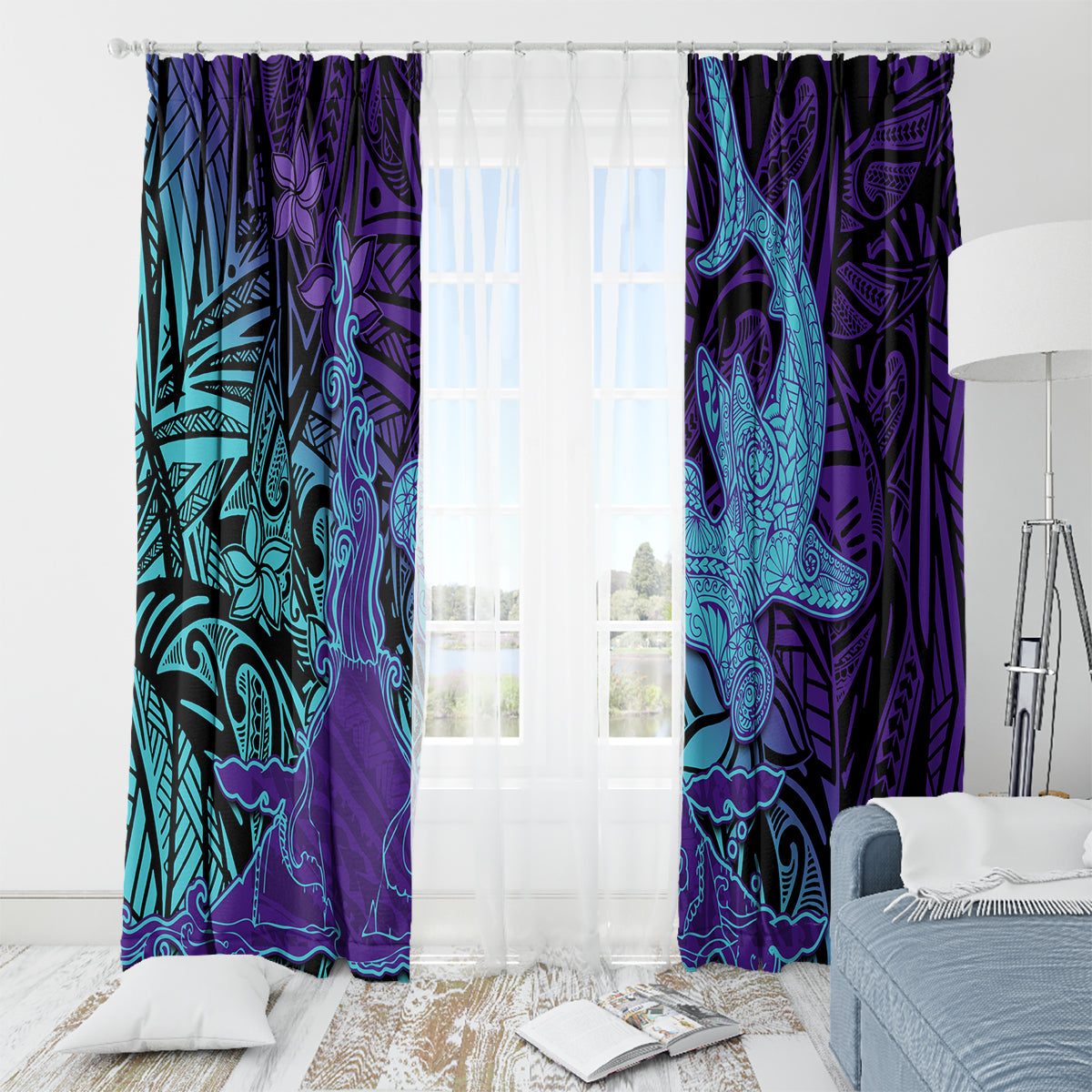 Hawaiian Volcano and Shark Window Curtain Polynesian and Hibiscus Pattern Purple Cyan Gradient LT03 - Polynesian Pride