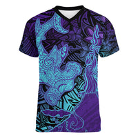 Hawaiian Volcano and Shark Women V-Neck T-Shirt Polynesian and Hibiscus Pattern Purple Cyan Gradient