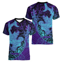 Hawaiian Volcano and Shark Women V-Neck T-Shirt Polynesian and Hibiscus Pattern Purple Cyan Gradient