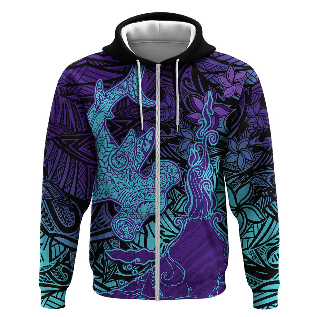 Hawaiian Volcano and Shark Zip Hoodie Polynesian and Hibiscus Pattern Purple Cyan Gradient LT03 Zip Hoodie Purple - Polynesian Pride