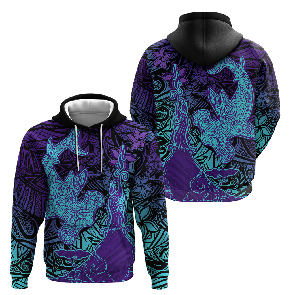 Hawaiian Volcano and Shark Zip Hoodie Polynesian and Hibiscus Pattern Purple Cyan Gradient