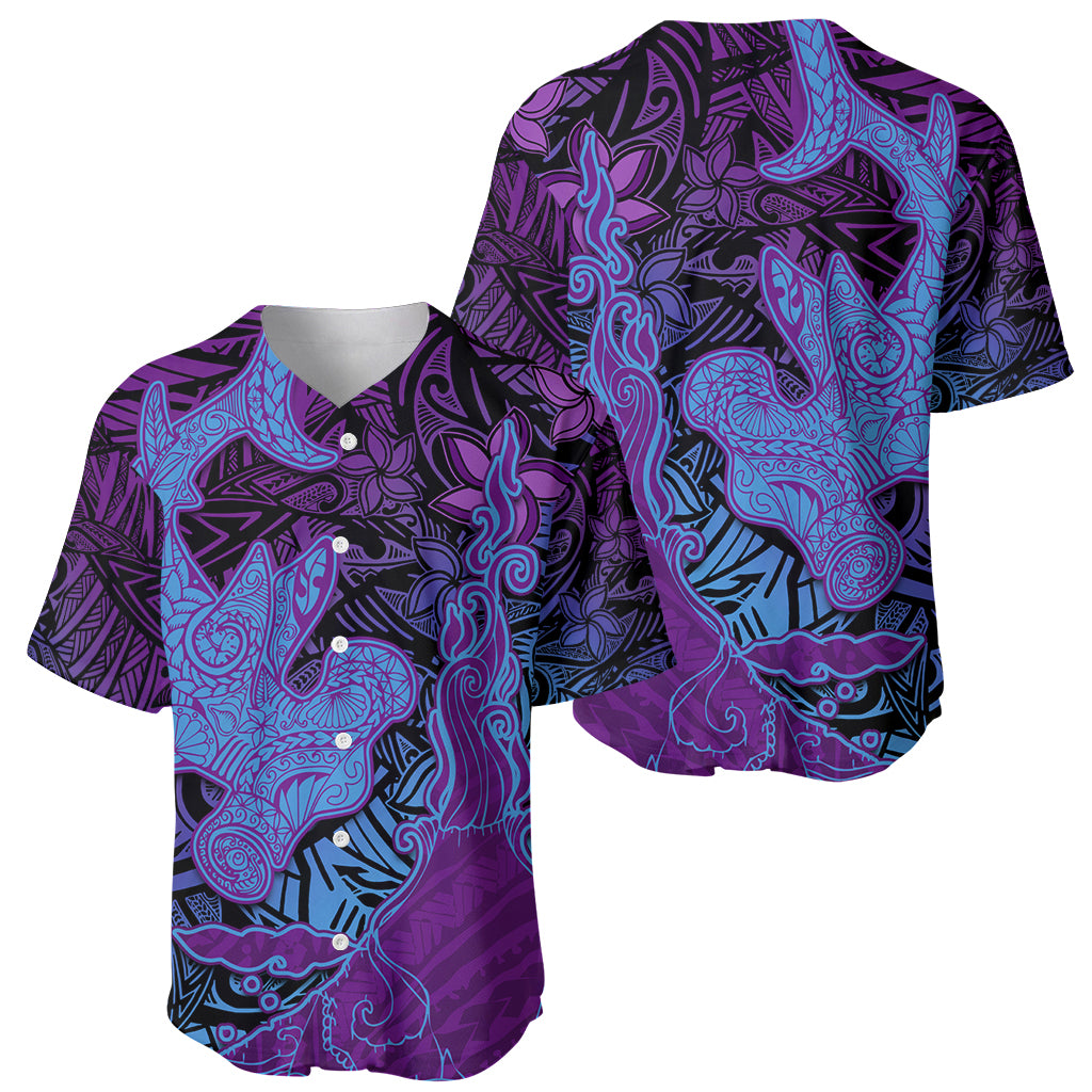 Hawaiian Volcano and Shark Baseball Jersey Polynesian and Hibiscus Pattern Violet Gradient
