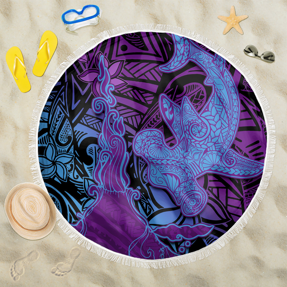 Hawaiian Volcano and Shark Beach Blanket Polynesian and Hibiscus Pattern Violet Gradient LT03 One Size 150cm Violet - Polynesian Pride
