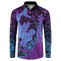Hawaiian Volcano and Shark Button Sweatshirt Polynesian and Hibiscus Pattern Violet Gradient