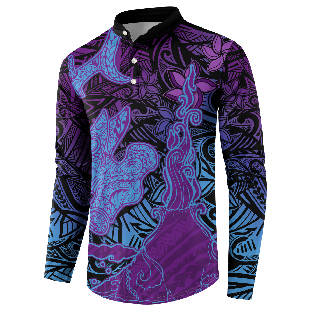 Hawaiian Volcano and Shark Button Sweatshirt Polynesian and Hibiscus Pattern Violet Gradient