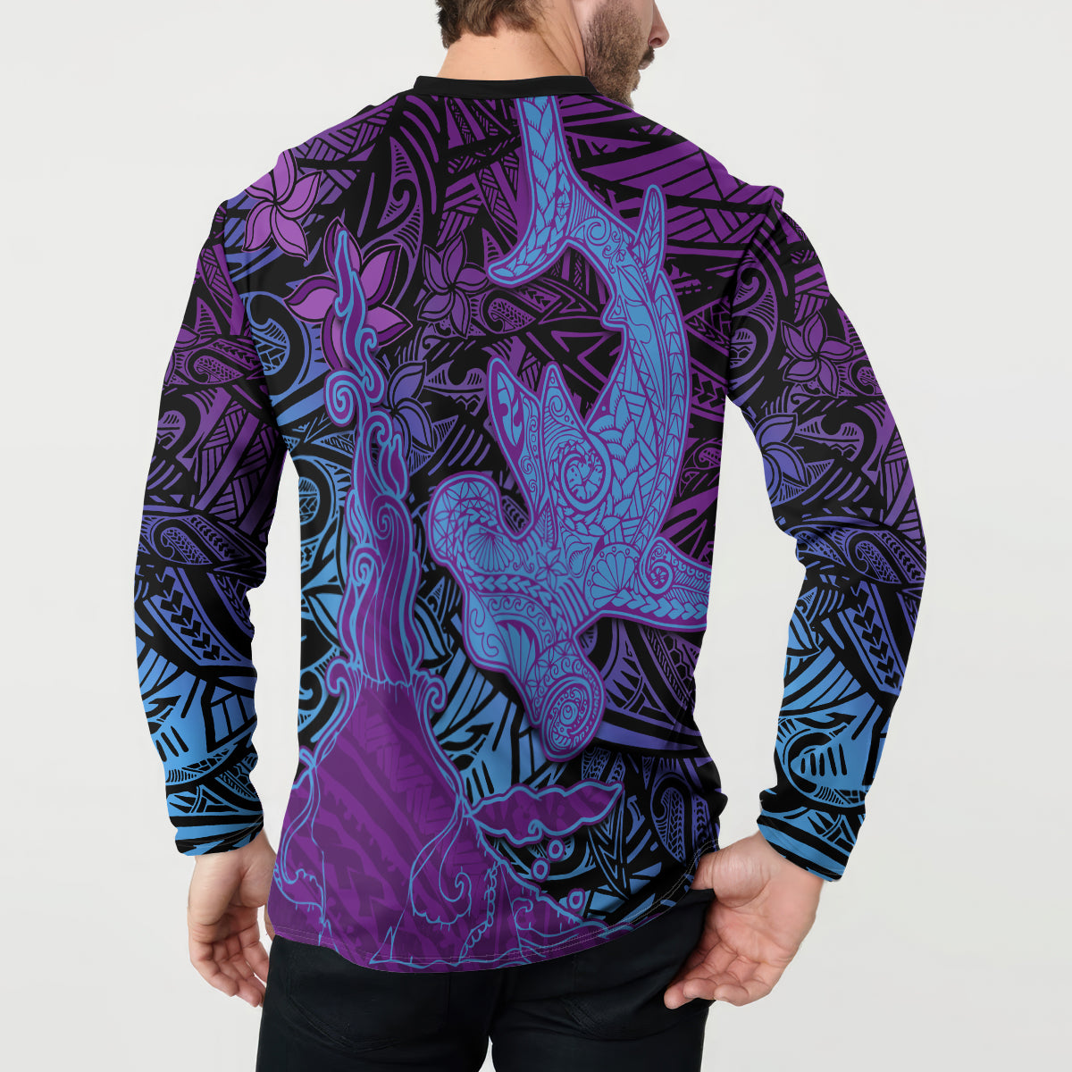 Hawaiian Volcano and Shark Button Sweatshirt Polynesian and Hibiscus Pattern Violet Gradient