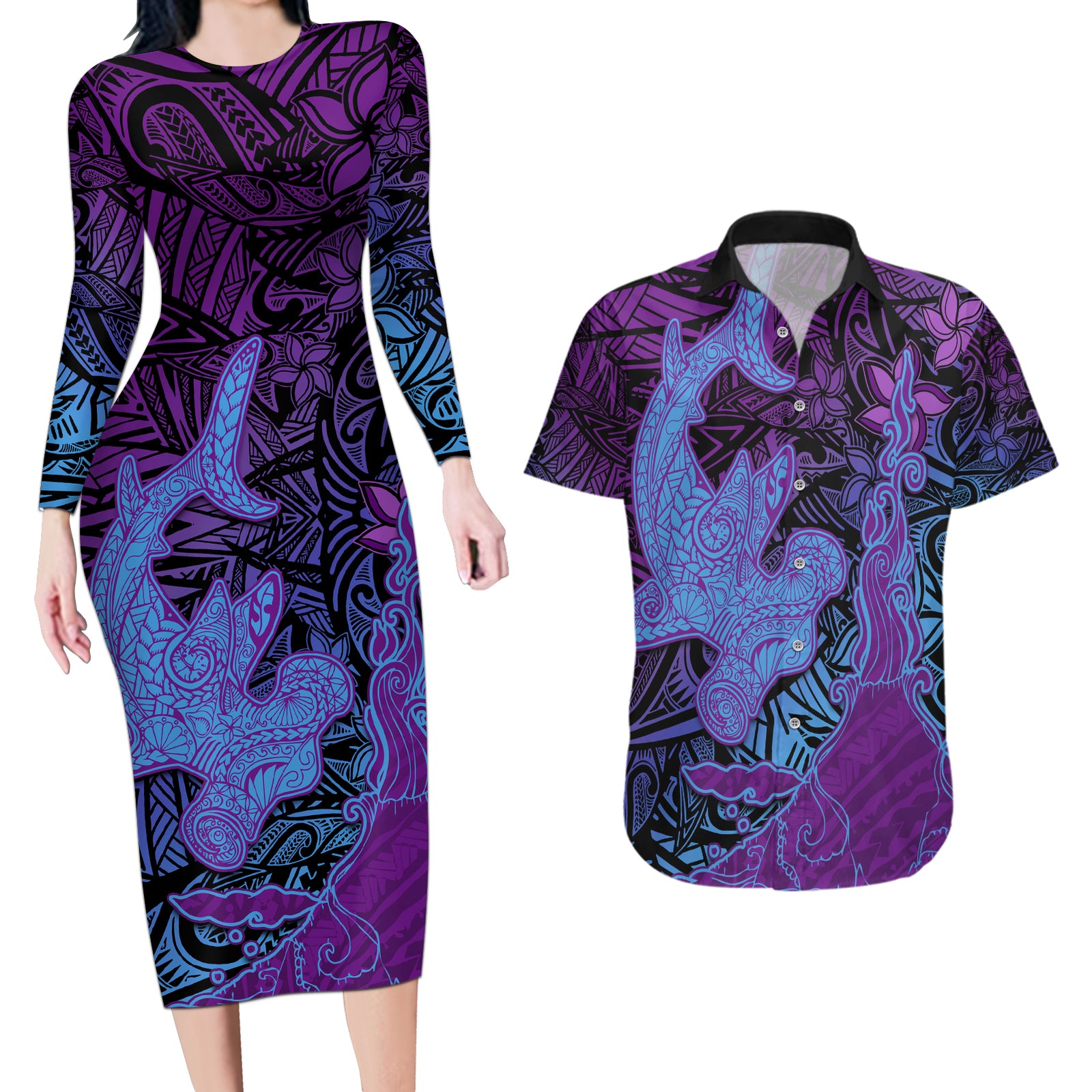 Hawaiian Volcano and Shark Couples Matching Long Sleeve Bodycon Dress and Hawaiian Shirt Polynesian and Hibiscus Pattern Violet Gradient LT03 Violet - Polynesian Pride