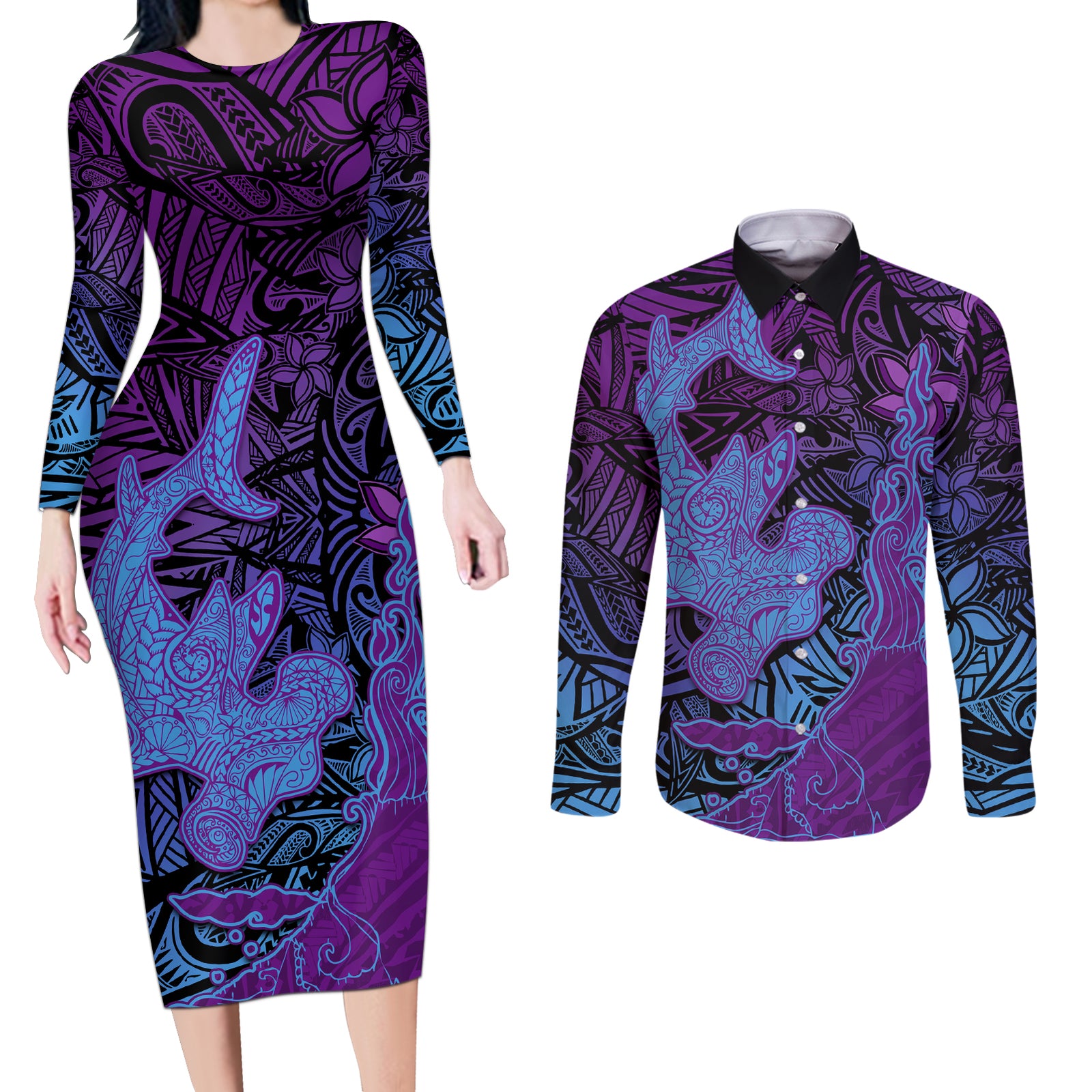 Hawaiian Volcano and Shark Couples Matching Long Sleeve Bodycon Dress and Long Sleeve Button Shirt Polynesian and Hibiscus Pattern Violet Gradient LT03 Violet - Polynesian Pride