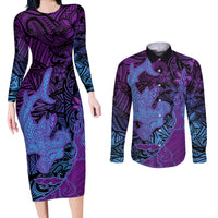 Hawaiian Volcano and Shark Couples Matching Long Sleeve Bodycon Dress and Long Sleeve Button Shirt Polynesian and Hibiscus Pattern Violet Gradient