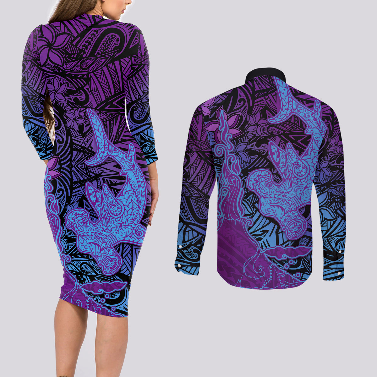 Hawaiian Volcano and Shark Couples Matching Long Sleeve Bodycon Dress and Long Sleeve Button Shirt Polynesian and Hibiscus Pattern Violet Gradient