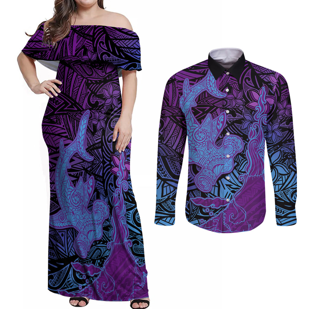 Hawaiian Volcano and Shark Couples Matching Off Shoulder Maxi Dress and Long Sleeve Button Shirt Polynesian and Hibiscus Pattern Violet Gradient LT03 Violet - Polynesian Pride