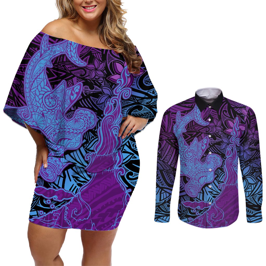 Hawaiian Volcano and Shark Couples Matching Off Shoulder Short Dress and Long Sleeve Button Shirt Polynesian and Hibiscus Pattern Violet Gradient LT03 Violet - Polynesian Pride