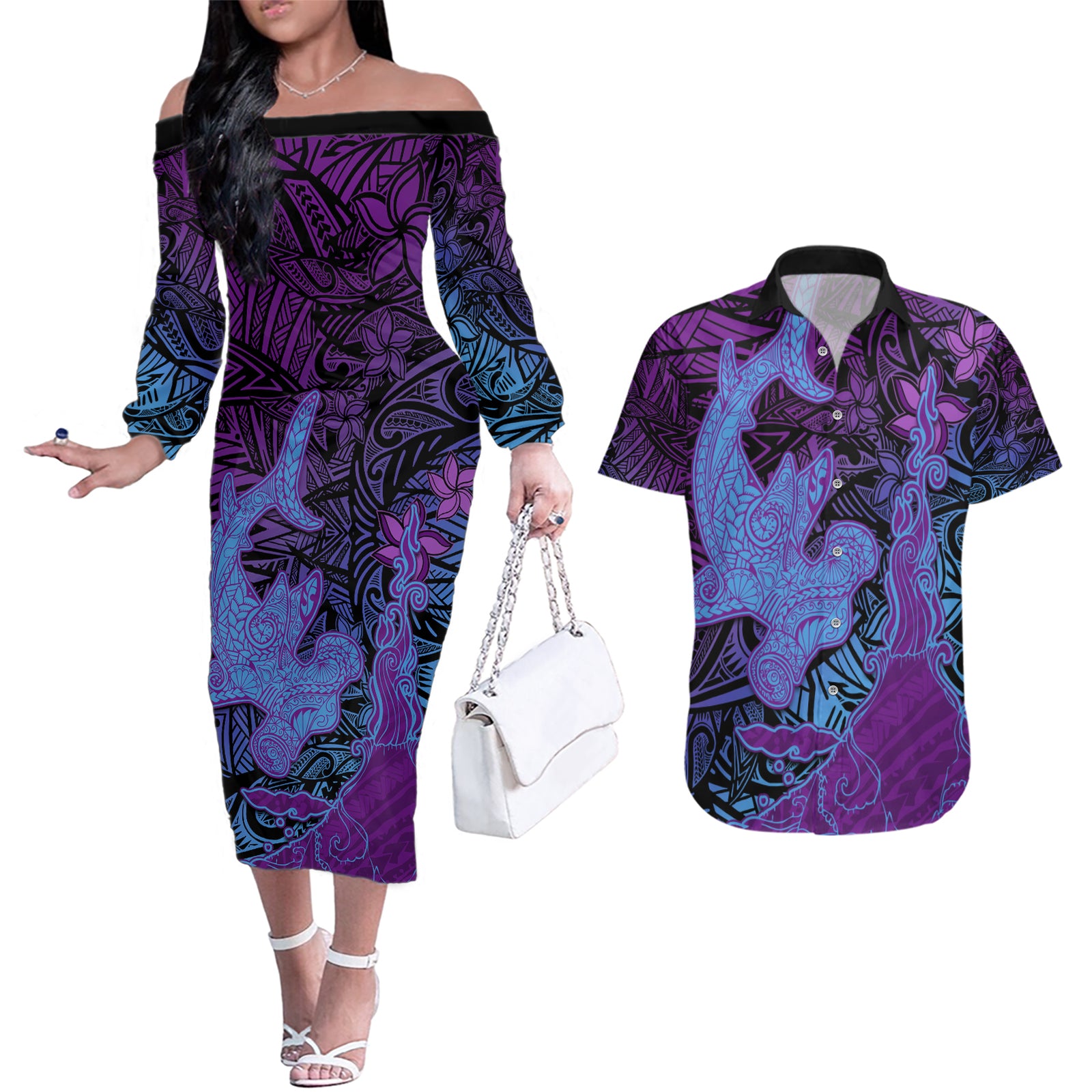 Hawaiian Volcano and Shark Couples Matching Off The Shoulder Long Sleeve Dress and Hawaiian Shirt Polynesian and Hibiscus Pattern Violet Gradient LT03 Violet - Polynesian Pride