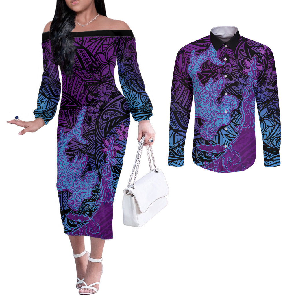 Hawaiian Volcano and Shark Couples Matching Off The Shoulder Long Sleeve Dress and Long Sleeve Button Shirt Polynesian and Hibiscus Pattern Violet Gradient LT03 Violet - Polynesian Pride