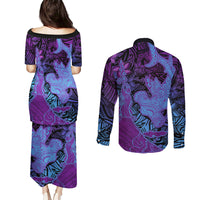 Hawaiian Volcano and Shark Couples Matching Puletasi and Long Sleeve Button Shirt Polynesian and Hibiscus Pattern Violet Gradient