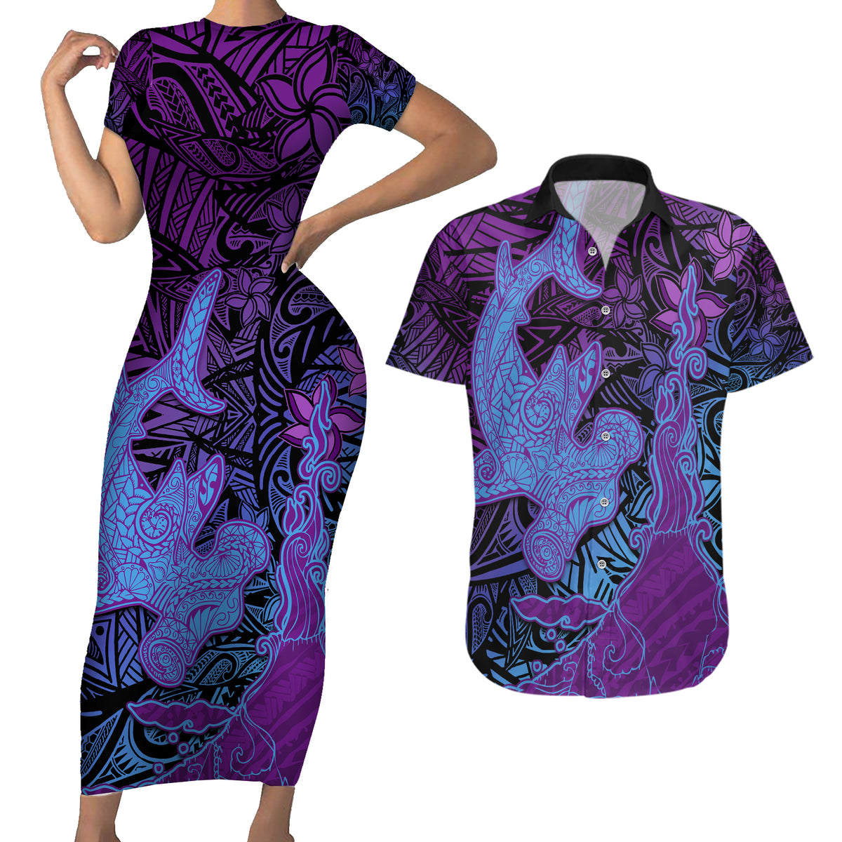 Hawaiian Volcano and Shark Couples Matching Short Sleeve Bodycon Dress and Hawaiian Shirt Polynesian and Hibiscus Pattern Violet Gradient LT03 Violet - Polynesian Pride