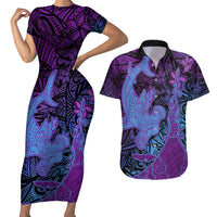 Hawaiian Volcano and Shark Couples Matching Short Sleeve Bodycon Dress and Hawaiian Shirt Polynesian and Hibiscus Pattern Violet Gradient LT03 Violet - Polynesian Pride