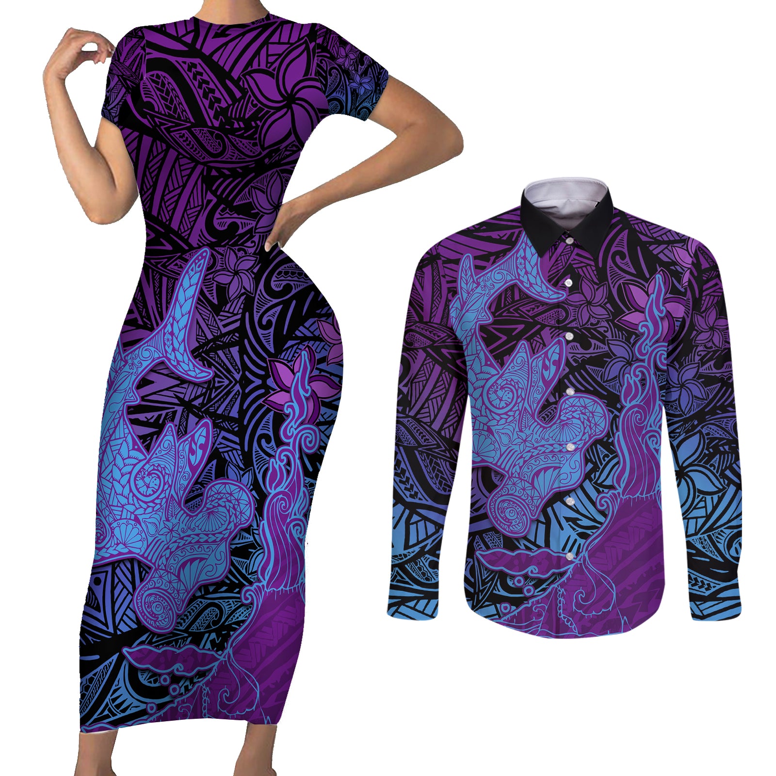 Hawaiian Volcano and Shark Couples Matching Short Sleeve Bodycon Dress and Long Sleeve Button Shirt Polynesian and Hibiscus Pattern Violet Gradient LT03 Violet - Polynesian Pride