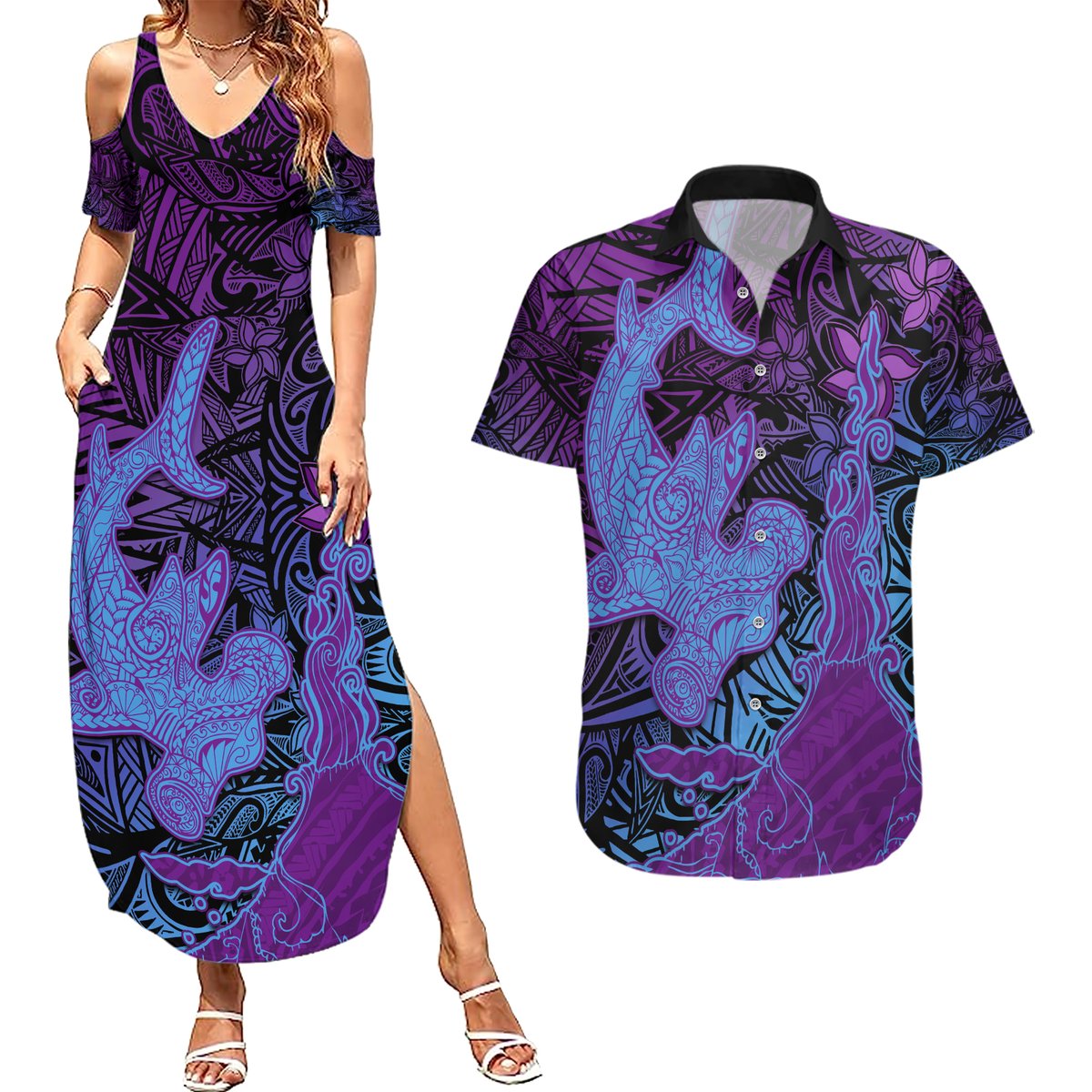 Hawaiian Volcano and Shark Couples Matching Summer Maxi Dress and Hawaiian Shirt Polynesian and Hibiscus Pattern Violet Gradient LT03 Violet - Polynesian Pride