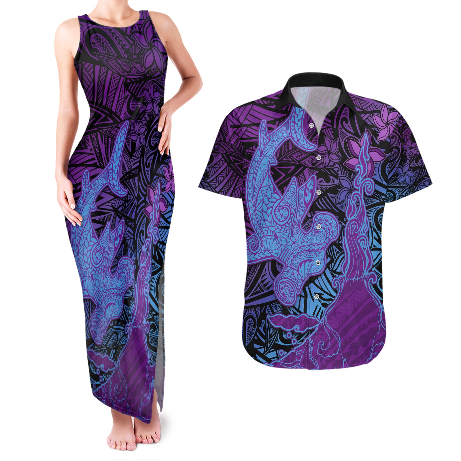 Hawaiian Volcano and Shark Couples Matching Tank Maxi Dress and Hawaiian Shirt Polynesian and Hibiscus Pattern Violet Gradient LT03 Violet - Polynesian Pride