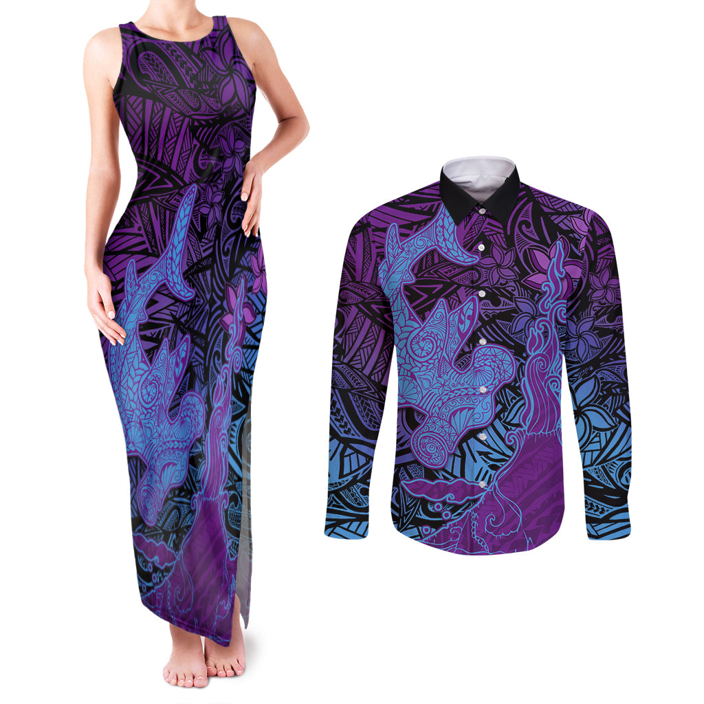 Hawaiian Volcano and Shark Couples Matching Tank Maxi Dress and Long Sleeve Button Shirt Polynesian and Hibiscus Pattern Violet Gradient LT03 Violet - Polynesian Pride