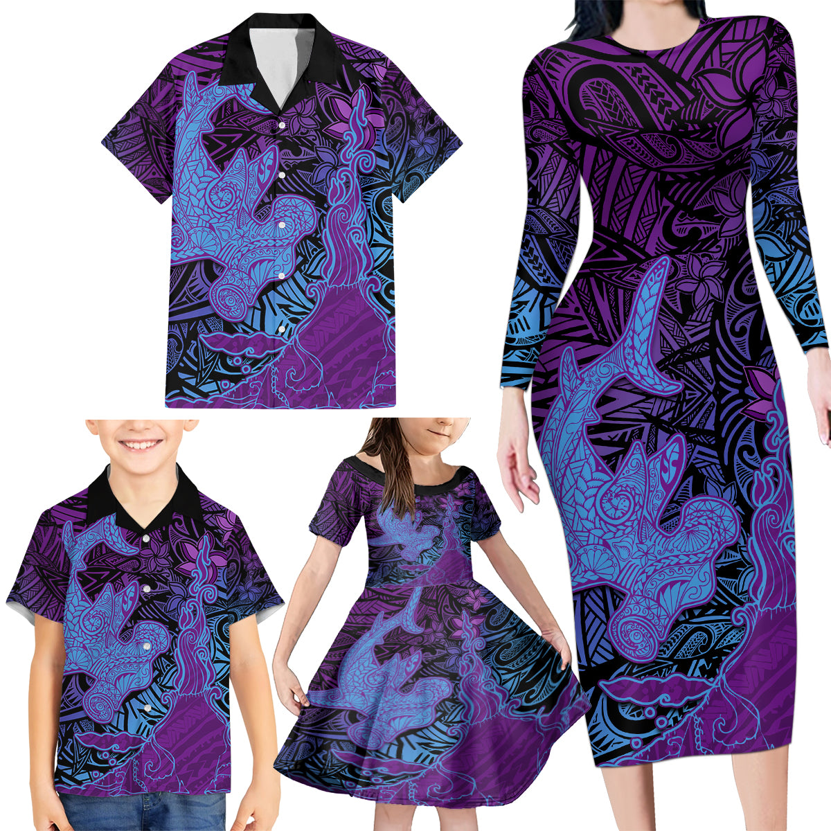 Hawaiian Volcano and Shark Family Matching Long Sleeve Bodycon Dress and Hawaiian Shirt Polynesian and Hibiscus Pattern Violet Gradient LT03 - Polynesian Pride