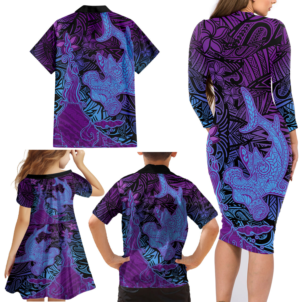 Hawaiian Volcano and Shark Family Matching Long Sleeve Bodycon Dress and Hawaiian Shirt Polynesian and Hibiscus Pattern Violet Gradient LT03 - Polynesian Pride