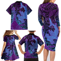 Hawaiian Volcano and Shark Family Matching Long Sleeve Bodycon Dress and Hawaiian Shirt Polynesian and Hibiscus Pattern Violet Gradient LT03 - Polynesian Pride
