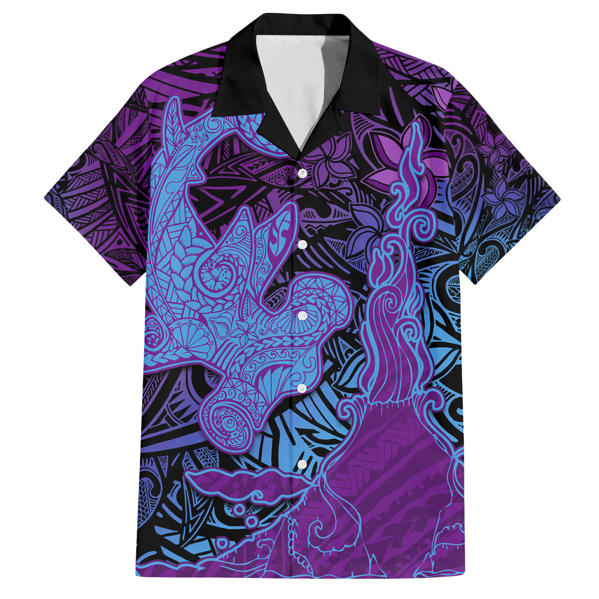 Hawaiian Volcano and Shark Family Matching Long Sleeve Bodycon Dress and Hawaiian Shirt Polynesian and Hibiscus Pattern Violet Gradient LT03 Dad's Shirt - Short Sleeve Violet - Polynesian Pride