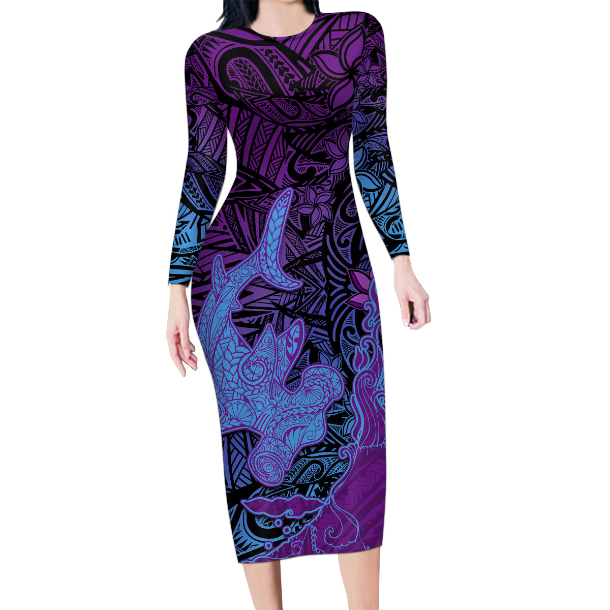 Hawaiian Volcano and Shark Family Matching Long Sleeve Bodycon Dress and Hawaiian Shirt Polynesian and Hibiscus Pattern Violet Gradient LT03 Mom's Dress Violet - Polynesian Pride