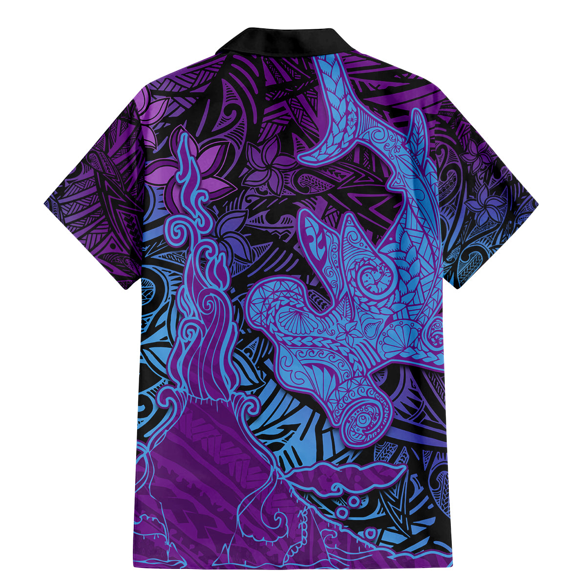 Hawaiian Volcano and Shark Family Matching Mermaid Dress and Hawaiian Shirt Polynesian and Hibiscus Pattern Violet Gradient