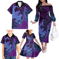 Hawaiian Volcano and Shark Family Matching Off The Shoulder Long Sleeve Dress and Hawaiian Shirt Polynesian and Hibiscus Pattern Violet Gradient LT03 - Polynesian Pride