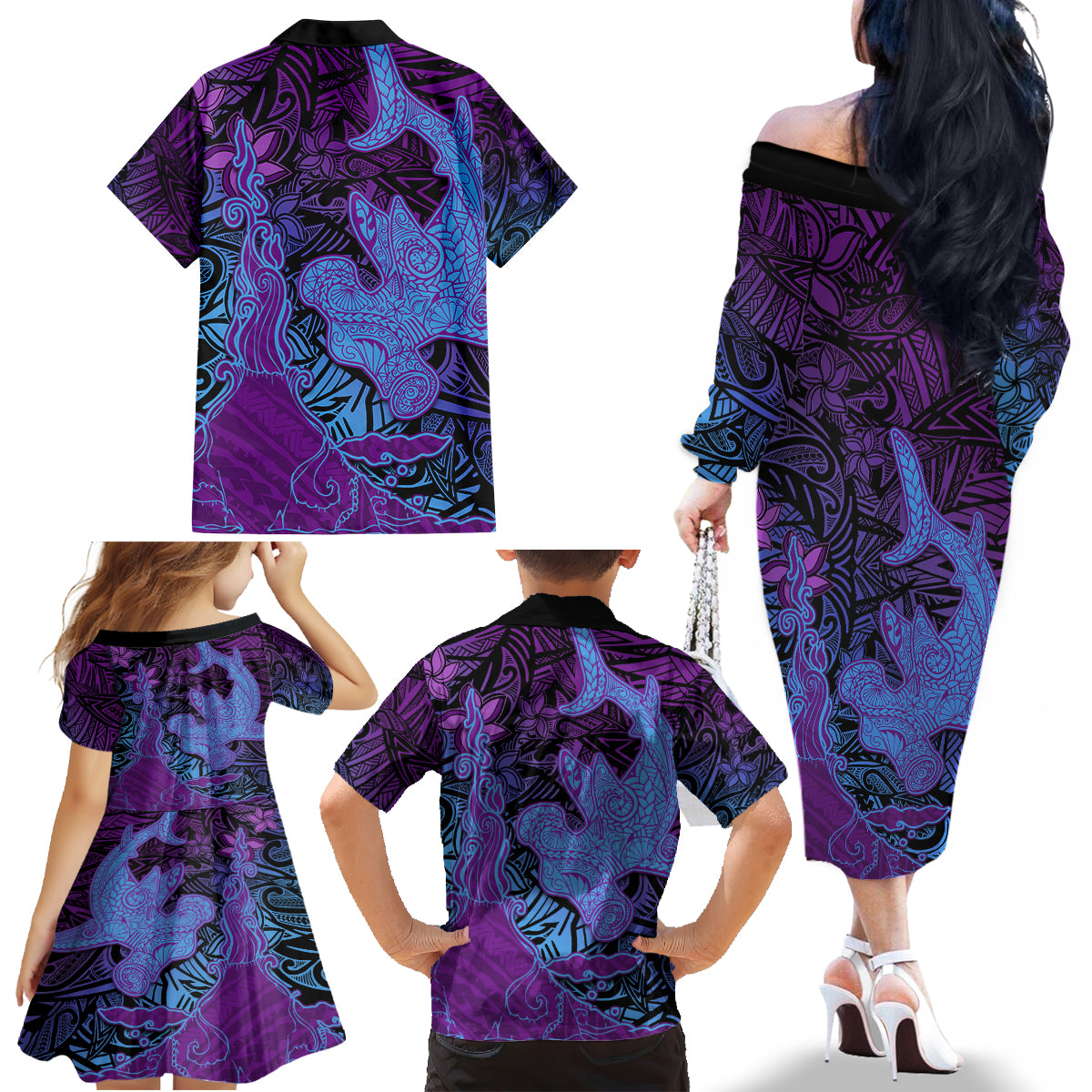 Hawaiian Volcano and Shark Family Matching Off The Shoulder Long Sleeve Dress and Hawaiian Shirt Polynesian and Hibiscus Pattern Violet Gradient LT03 - Polynesian Pride
