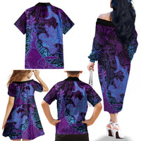 Hawaiian Volcano and Shark Family Matching Off The Shoulder Long Sleeve Dress and Hawaiian Shirt Polynesian and Hibiscus Pattern Violet Gradient LT03 - Polynesian Pride