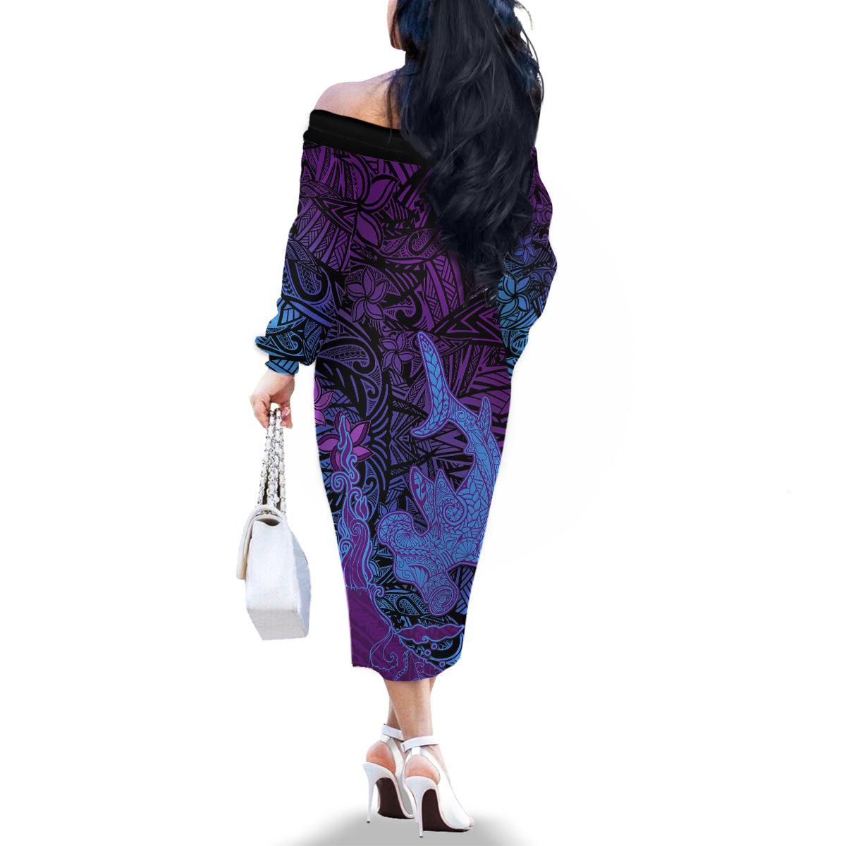 Hawaiian Volcano and Shark Family Matching Off The Shoulder Long Sleeve Dress and Hawaiian Shirt Polynesian and Hibiscus Pattern Violet Gradient LT03 - Polynesian Pride