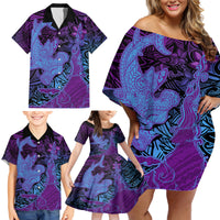 Hawaiian Volcano and Shark Family Matching Off Shoulder Short Dress and Hawaiian Shirt Polynesian and Hibiscus Pattern Violet Gradient LT03 - Polynesian Pride