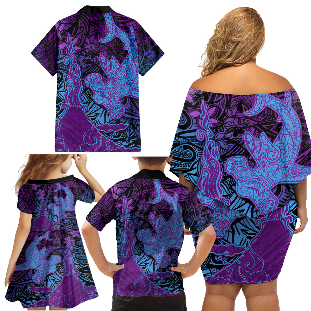 Hawaiian Volcano and Shark Family Matching Off Shoulder Short Dress and Hawaiian Shirt Polynesian and Hibiscus Pattern Violet Gradient LT03 - Polynesian Pride