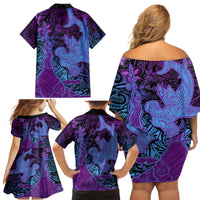 Hawaiian Volcano and Shark Family Matching Off Shoulder Short Dress and Hawaiian Shirt Polynesian and Hibiscus Pattern Violet Gradient LT03 - Polynesian Pride