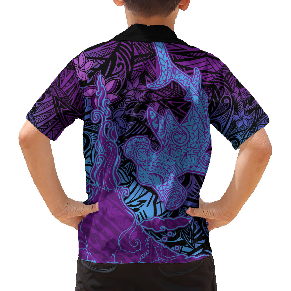 Hawaiian Volcano and Shark Family Matching Puletasi and Hawaiian Shirt Polynesian and Hibiscus Pattern Violet Gradient