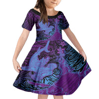 Hawaiian Volcano and Shark Family Matching Short Sleeve Bodycon Dress and Hawaiian Shirt Polynesian and Hibiscus Pattern Violet Gradient