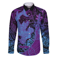 Hawaiian Volcano and Shark Family Matching Tank Maxi Dress and Hawaiian Shirt Polynesian and Hibiscus Pattern Violet Gradient