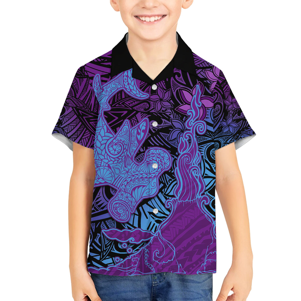 Hawaiian Volcano and Shark Family Matching Tank Maxi Dress and Hawaiian Shirt Polynesian and Hibiscus Pattern Violet Gradient