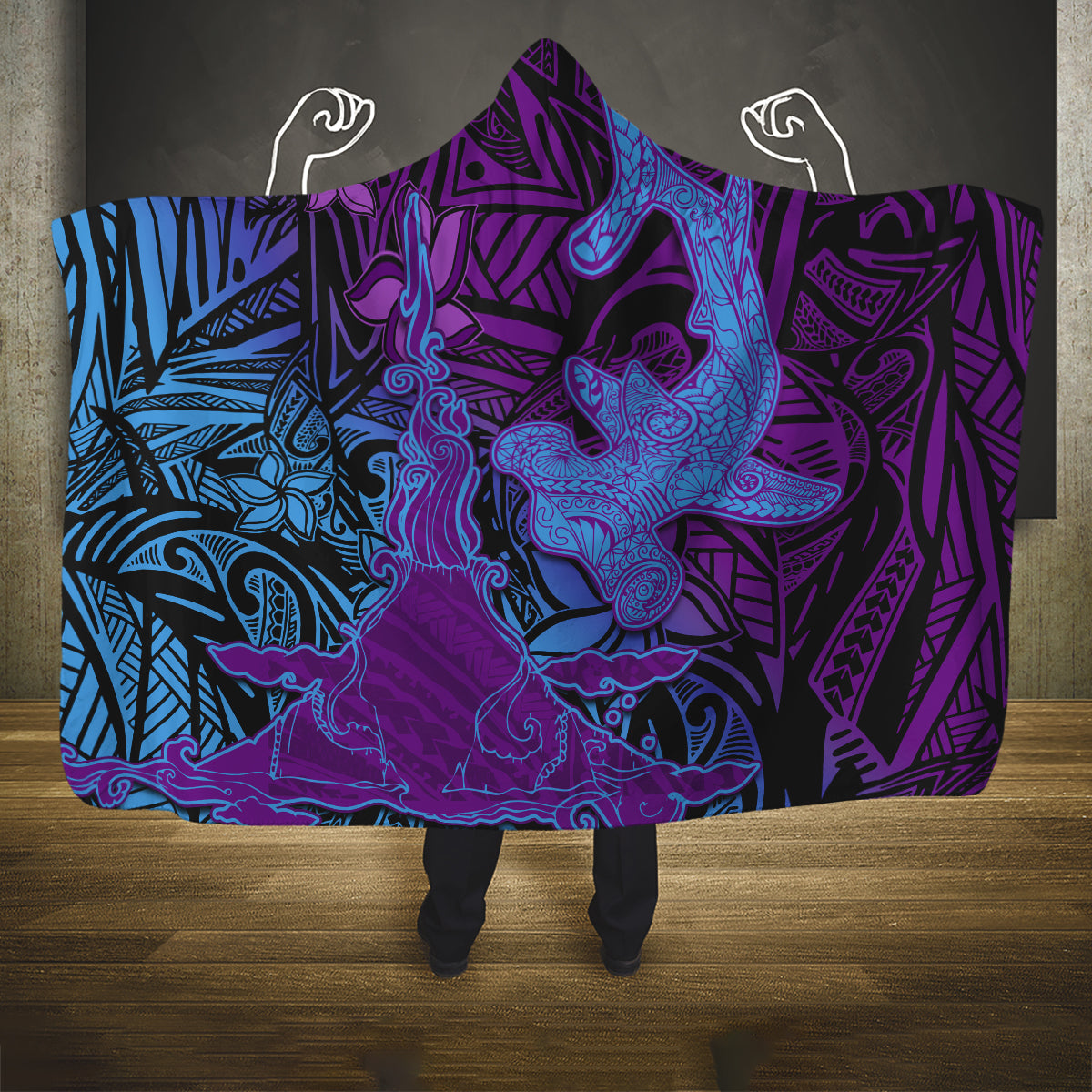 Hawaiian Volcano and Shark Hooded Blanket Polynesian and Hibiscus Pattern Violet Gradient LT03 One Size Violet - Polynesian Pride