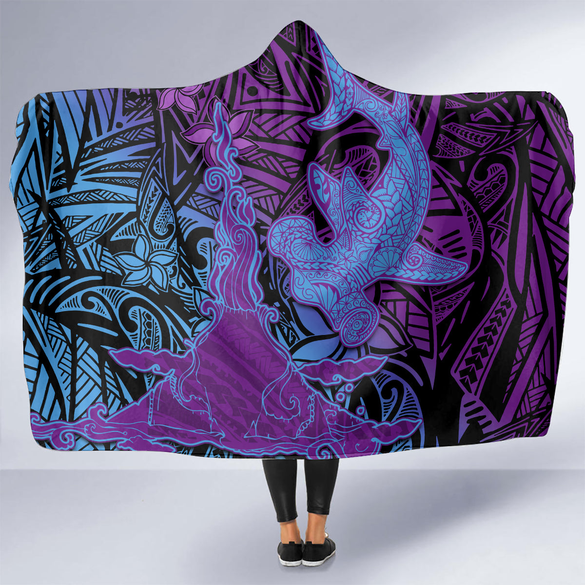 Hawaiian Volcano and Shark Hooded Blanket Polynesian and Hibiscus Pattern Violet Gradient LT03 - Polynesian Pride