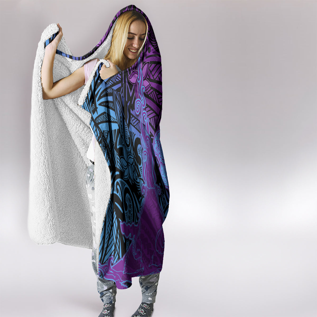 Hawaiian Volcano and Shark Hooded Blanket Polynesian and Hibiscus Pattern Violet Gradient LT03 - Polynesian Pride