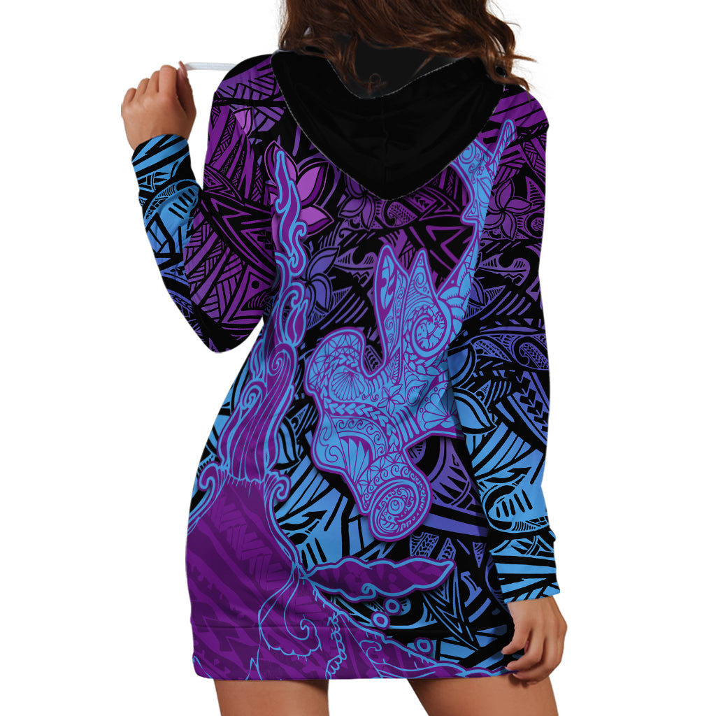 Hawaiian Volcano and Shark Hoodie Dress Polynesian and Hibiscus Pattern Violet Gradient