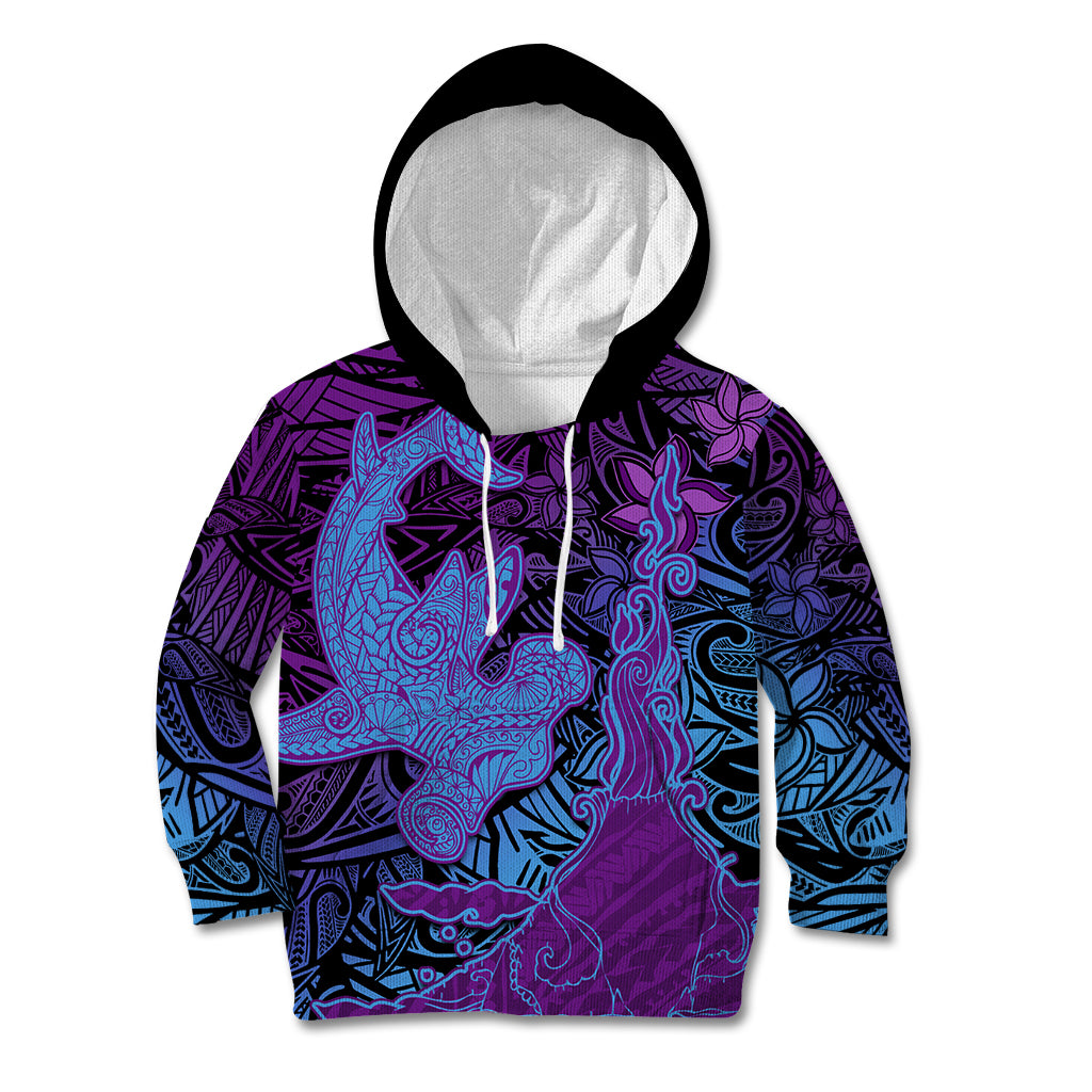 Hawaiian Volcano and Shark Kid Hoodie Polynesian and Hibiscus Pattern Violet Gradient LT03 Hoodie Violet - Polynesian Pride