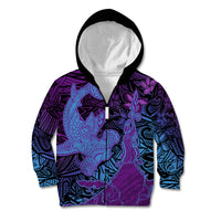 Hawaiian Volcano and Shark Kid Hoodie Polynesian and Hibiscus Pattern Violet Gradient