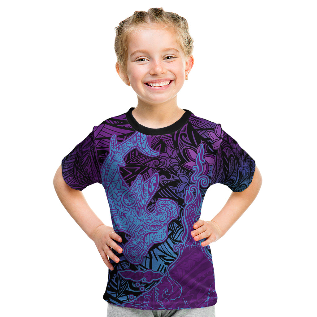 Hawaiian Volcano and Shark Kid T Shirt Polynesian and Hibiscus Pattern Violet Gradient LT03 Violet - Polynesian Pride