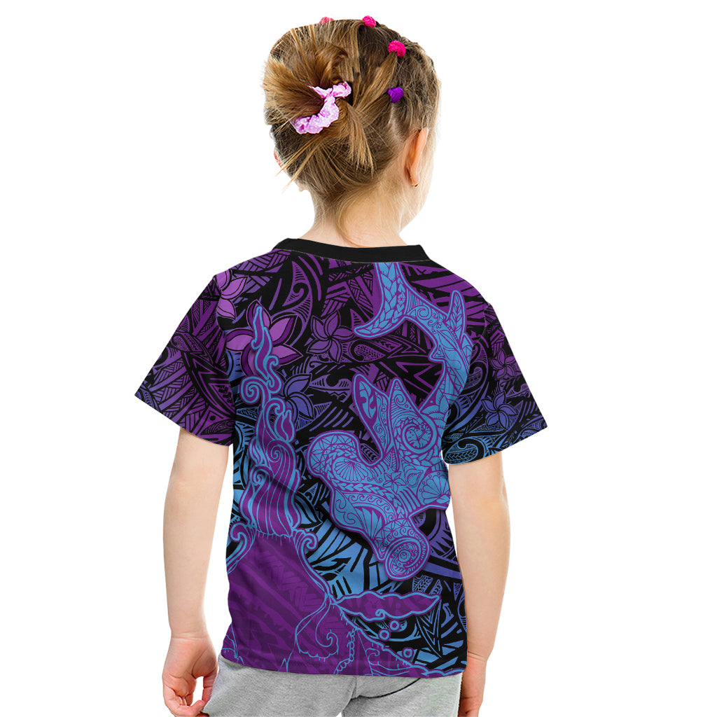 Hawaiian Volcano and Shark Kid T Shirt Polynesian and Hibiscus Pattern Violet Gradient